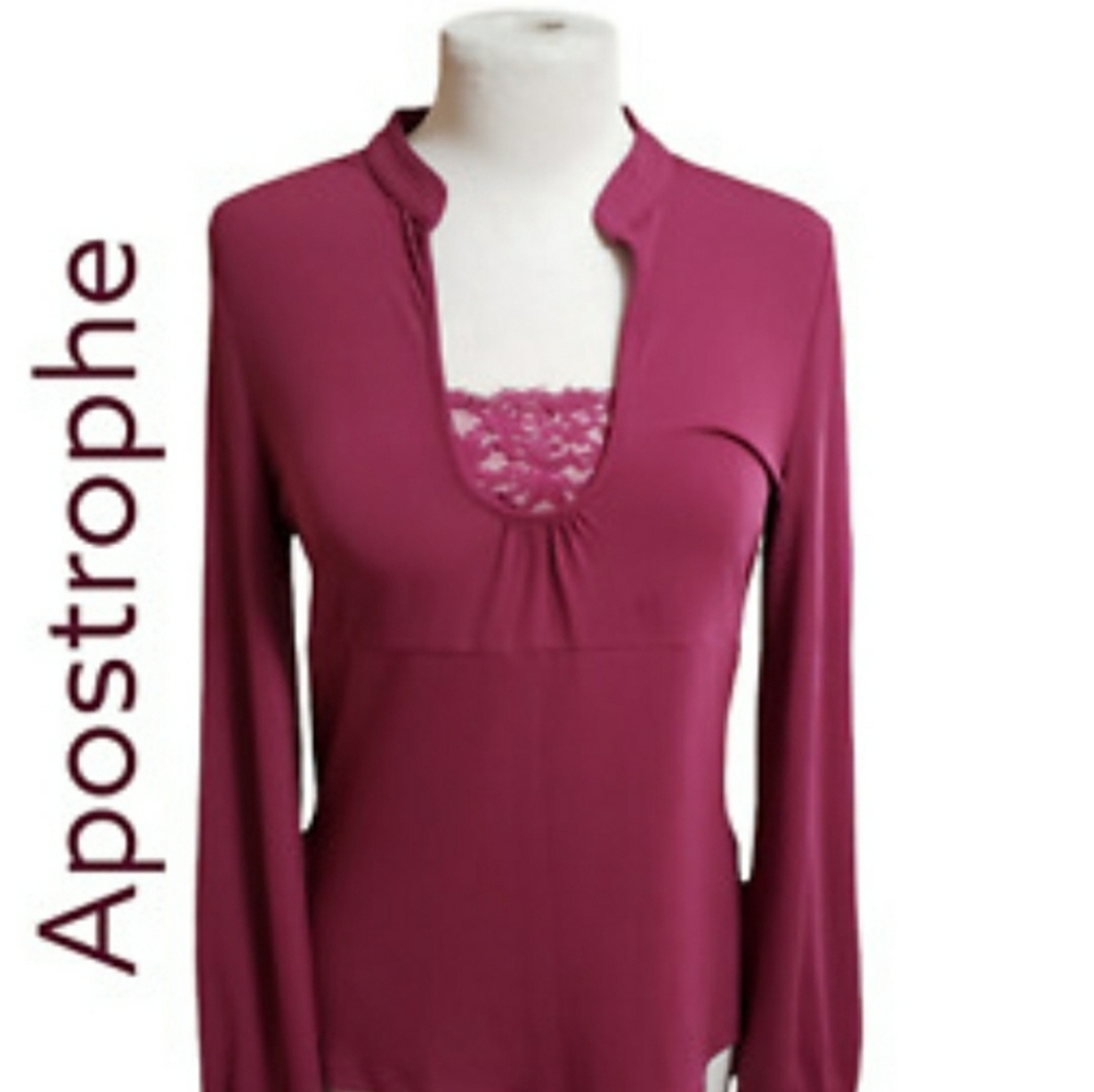Apostrophe Womens Long Sleeve Shirt Blouse Shirt Top Lace Inset Berry Medium